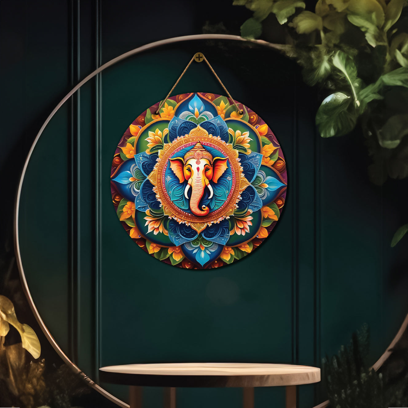 Ganesh Ji in blue and yellow mandala Round Wooden Wall Hanging for wall Décor - Design - 291