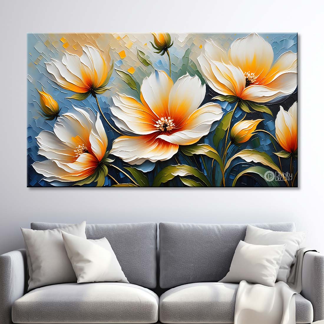White flowers in light background canvas painting- Flower-292