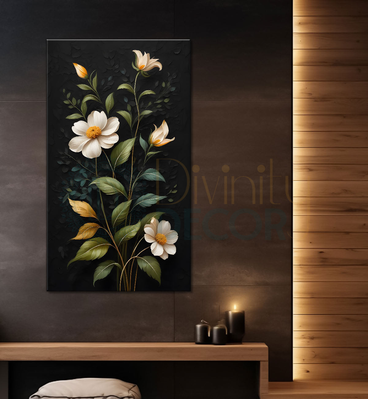 White flowers in dark textured painting- Flower-V-292