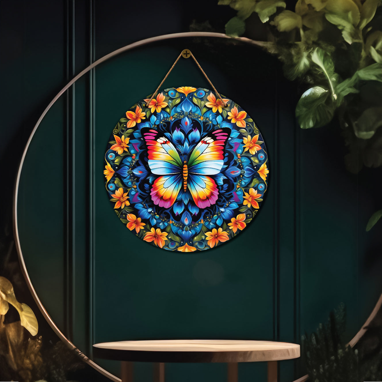 Butterfly in blue and orange mandala Round Wooden Wall Hanging for wall Décor - Design - 292