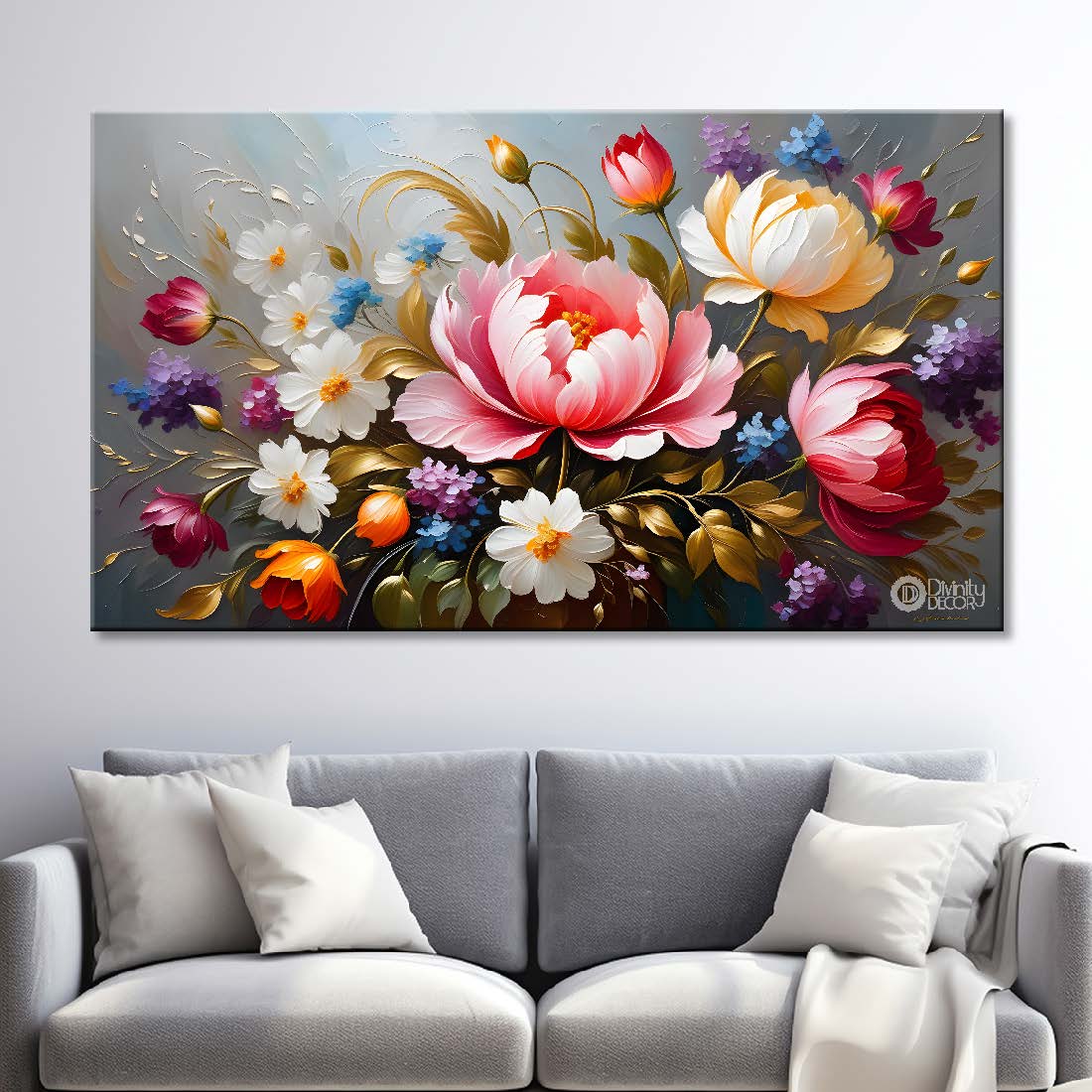 Pink wand white flowers in grey background canvas painting- Flower-293