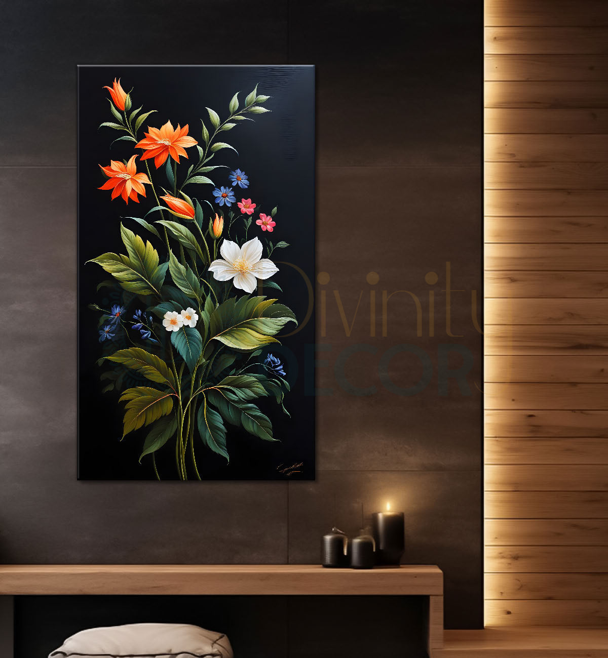 Colourful flowers in dark textured painting- Flower-V-293