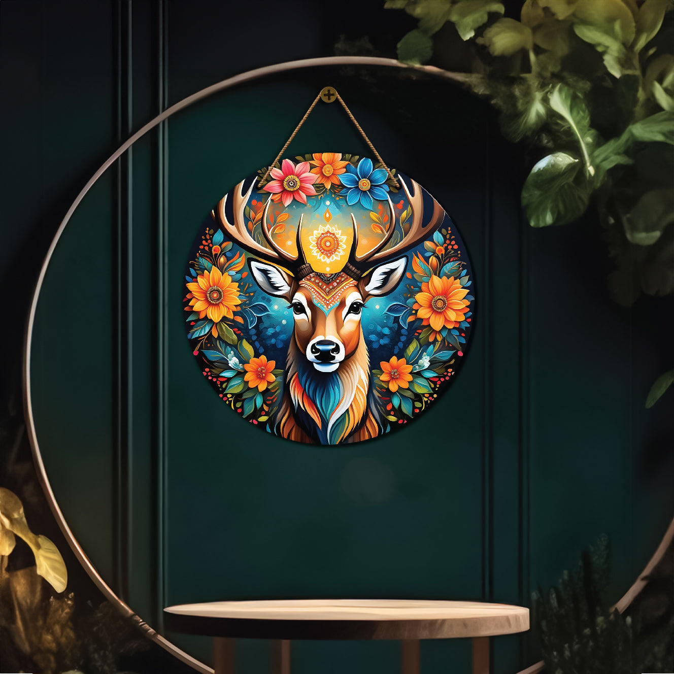 Deer in blue and floral mandala Round Wooden Wall Hanging for wall Décor - Design - 293