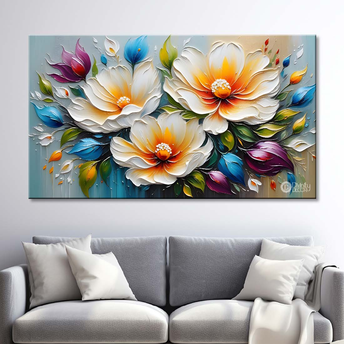 White flowers in blue background canvas painting- Flower-294