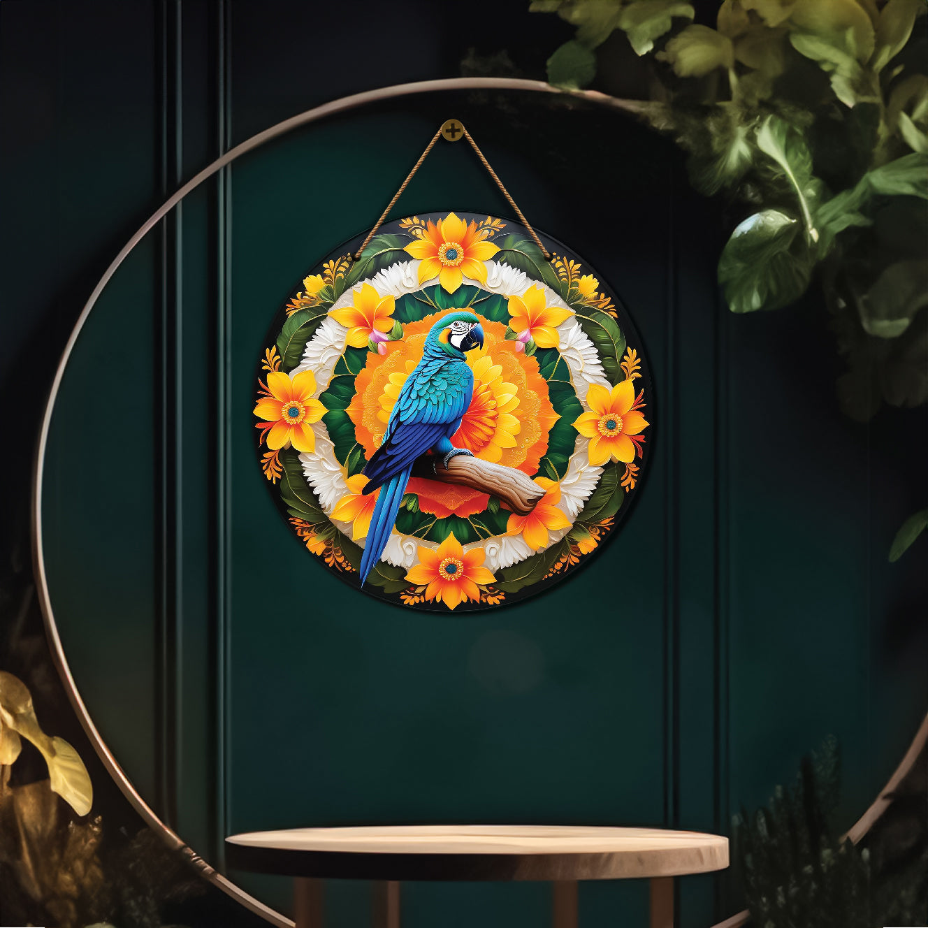 Parrot in green and floral mandala Round Wooden Wall Hanging for wall Décor - Design - 294