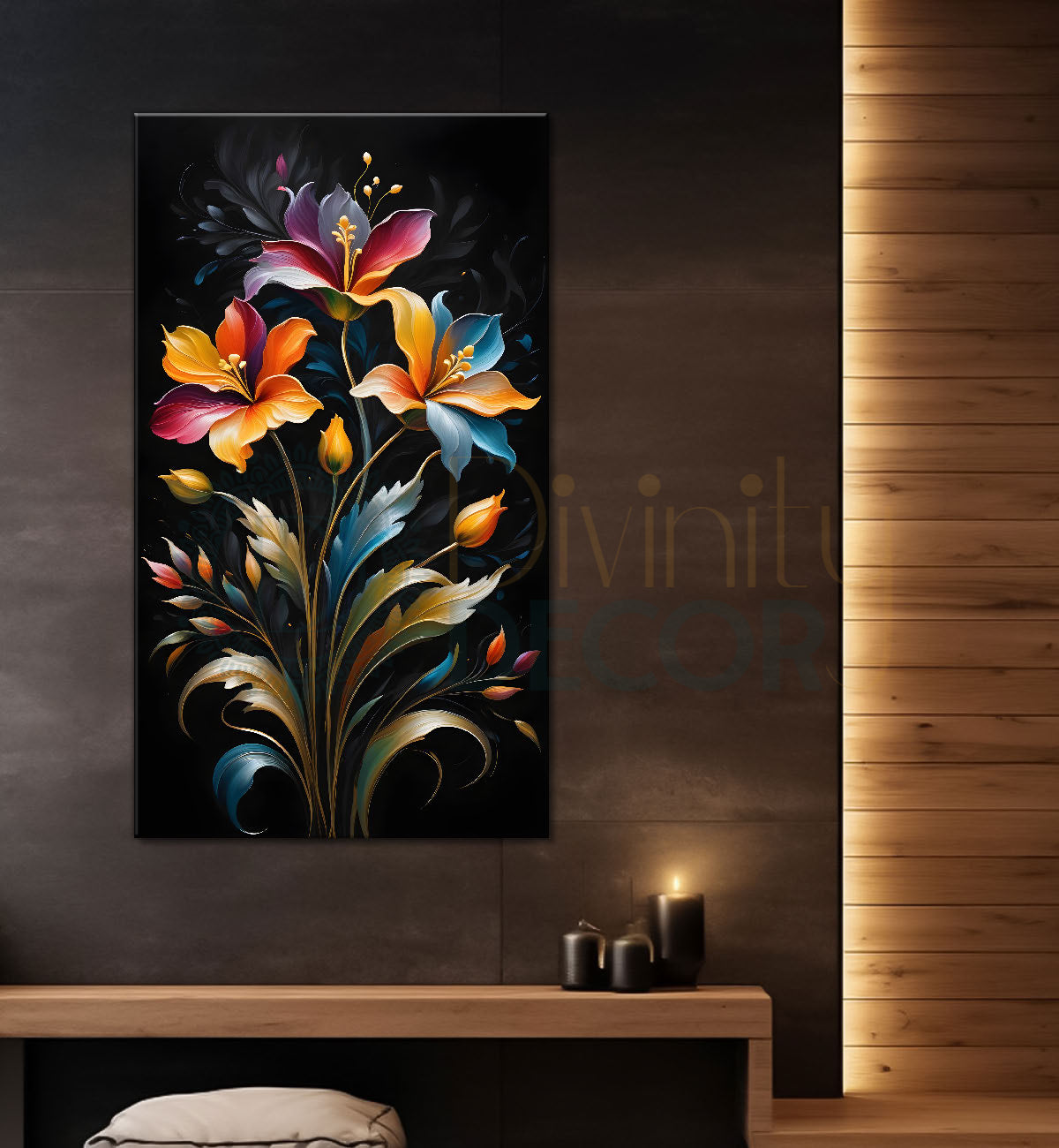 Colourful flowers in dark textured painting- Flower-V-294