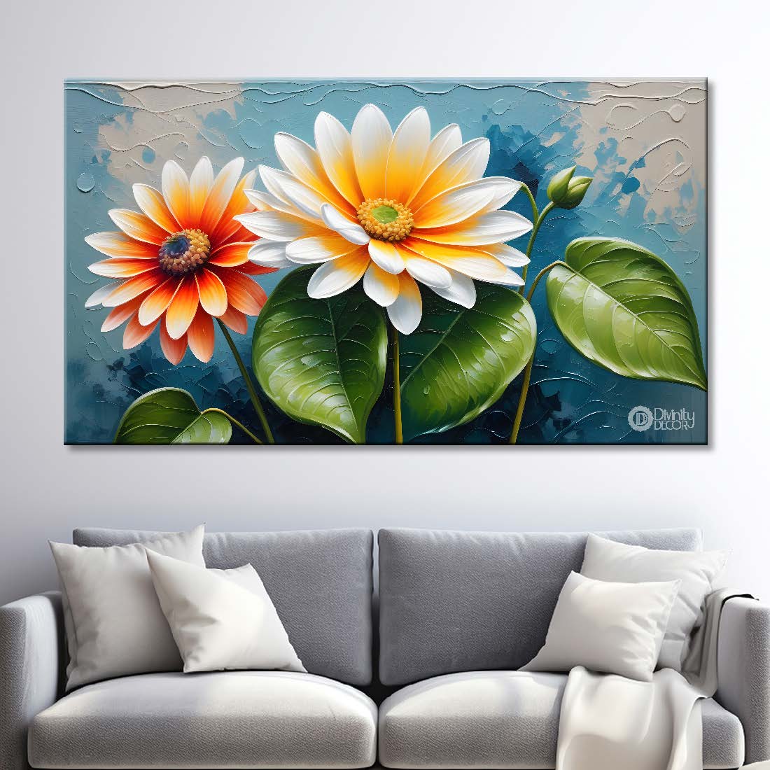 White flowers in blue background canvas painting- Flower-295