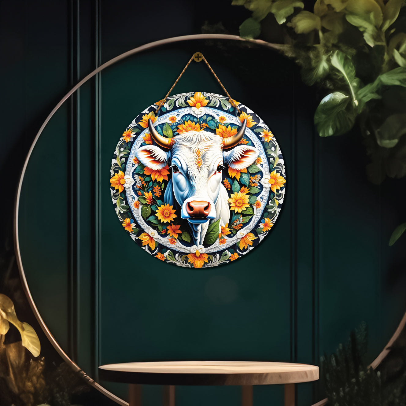 Cow in green and floral mandala Round Wooden Wall Hanging for wall Décor - Design - 295