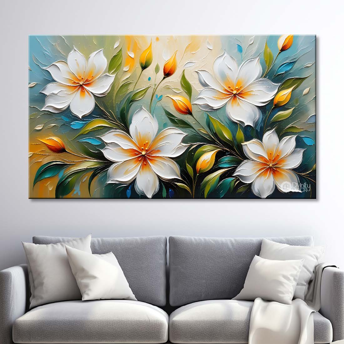 White flowers in blue background canvas painting- Flower-296