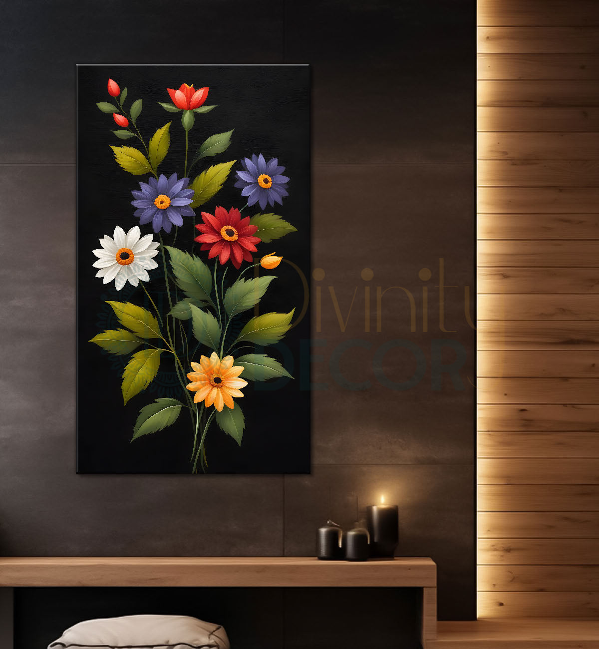 Colourful flowers in dark textured painting- Flower-V-296