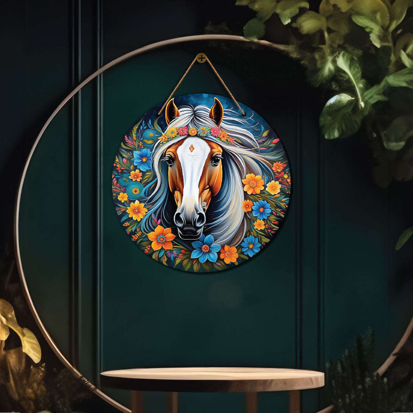 Horse in blue and orange mandala Round Wooden Wall Hanging for wall Décor - Design - 296