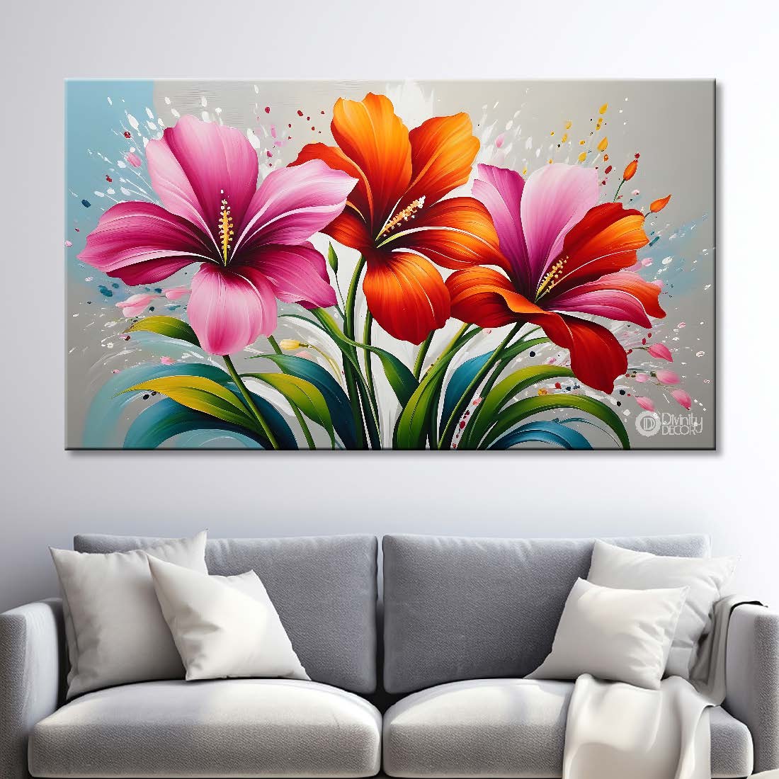 Pink flowers in grey background canvas painting- Flower-297