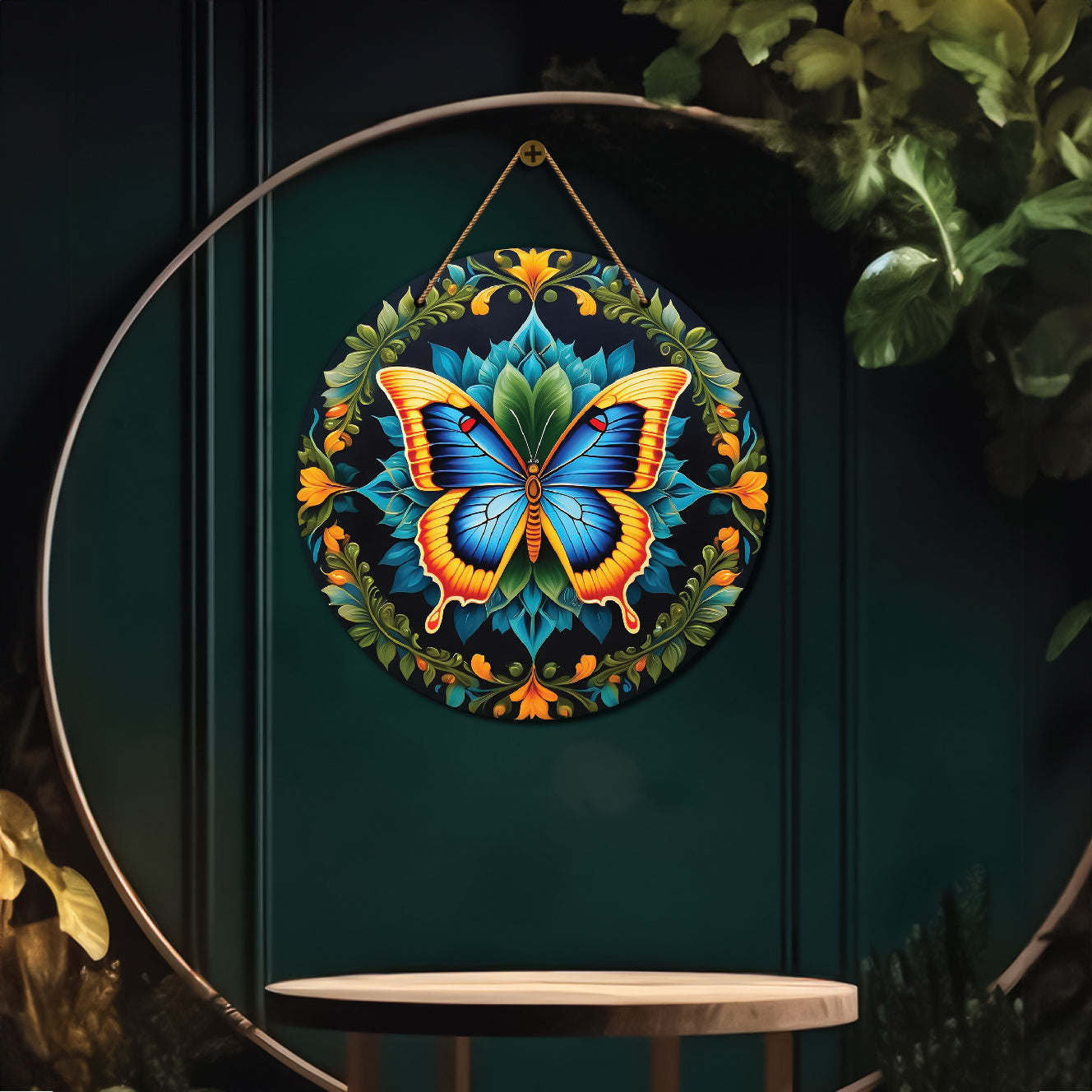 Butterfly in green and yellow mandala Round Wooden Wall Hanging for wall Décor - Design - 297