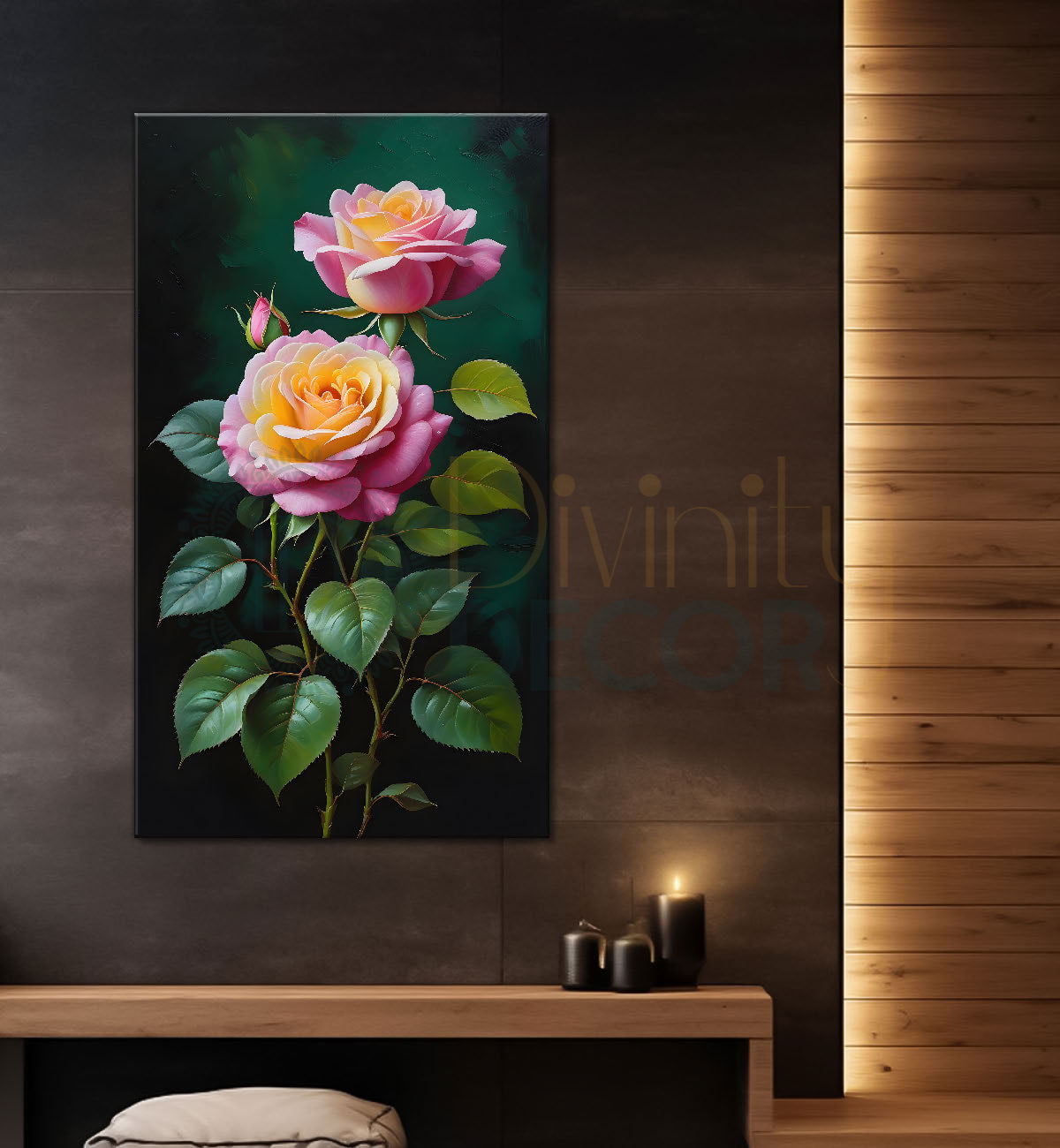 Pink flowers in green textured painting- Flower-V-297