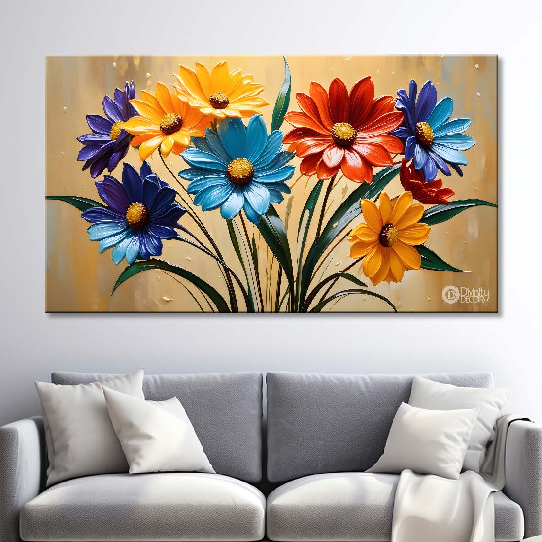 Colorful flowers in yellow background canvas painting- Flower-298