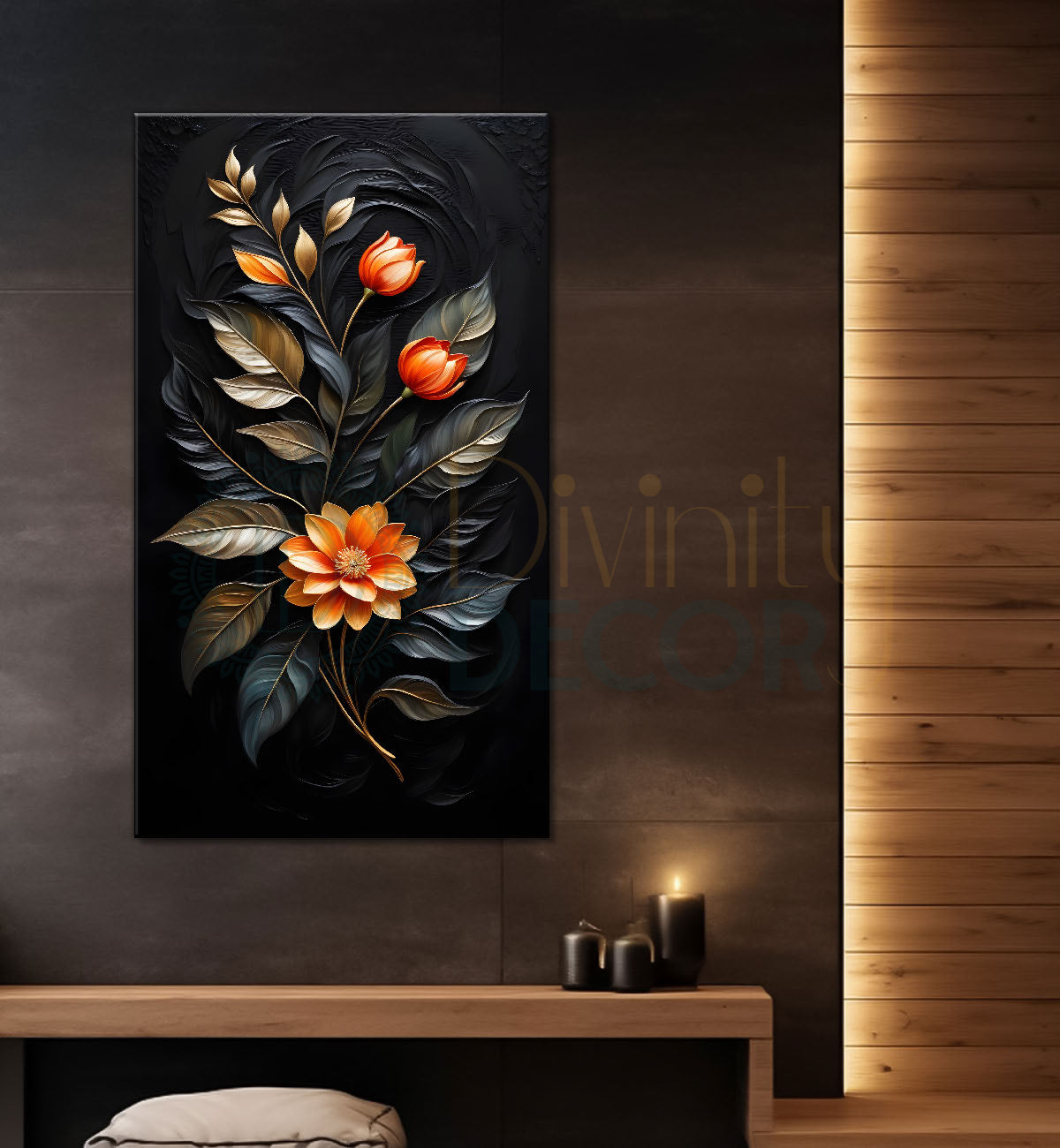 Orange flowers in dark textued painting- Flower-V-298