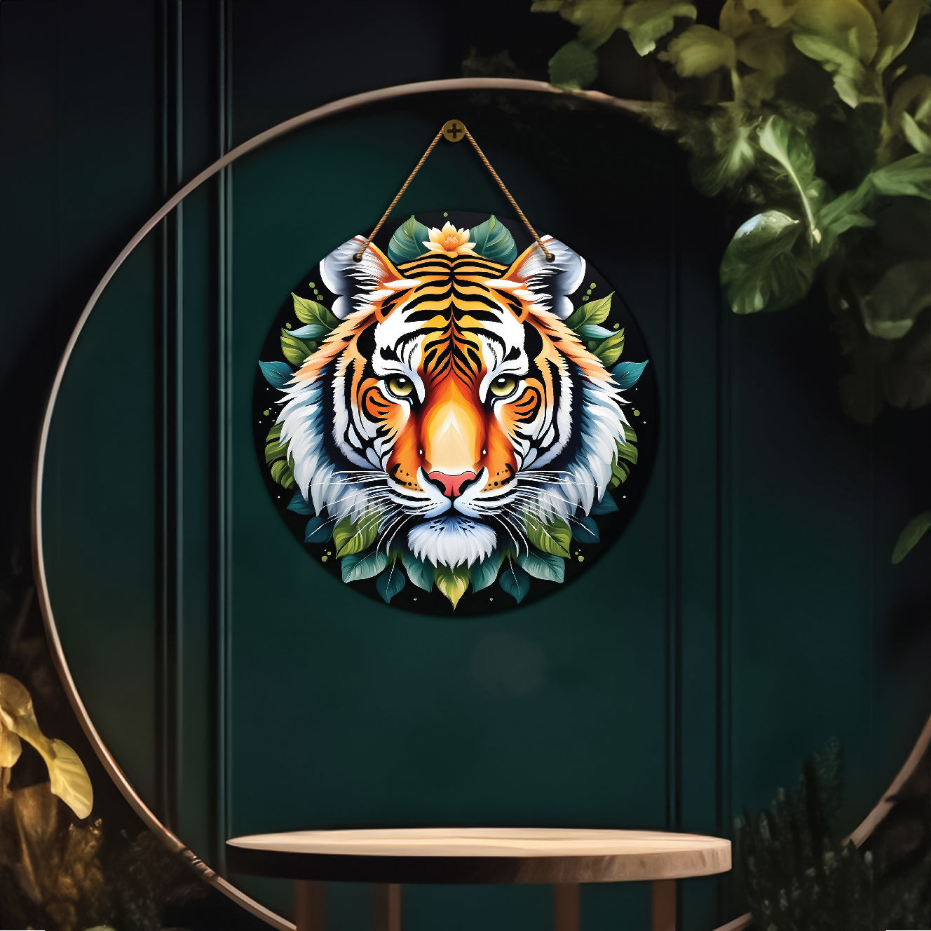 Tiger in green and black mandala Round Wooden Wall Hanging for wall Décor - Design - 298