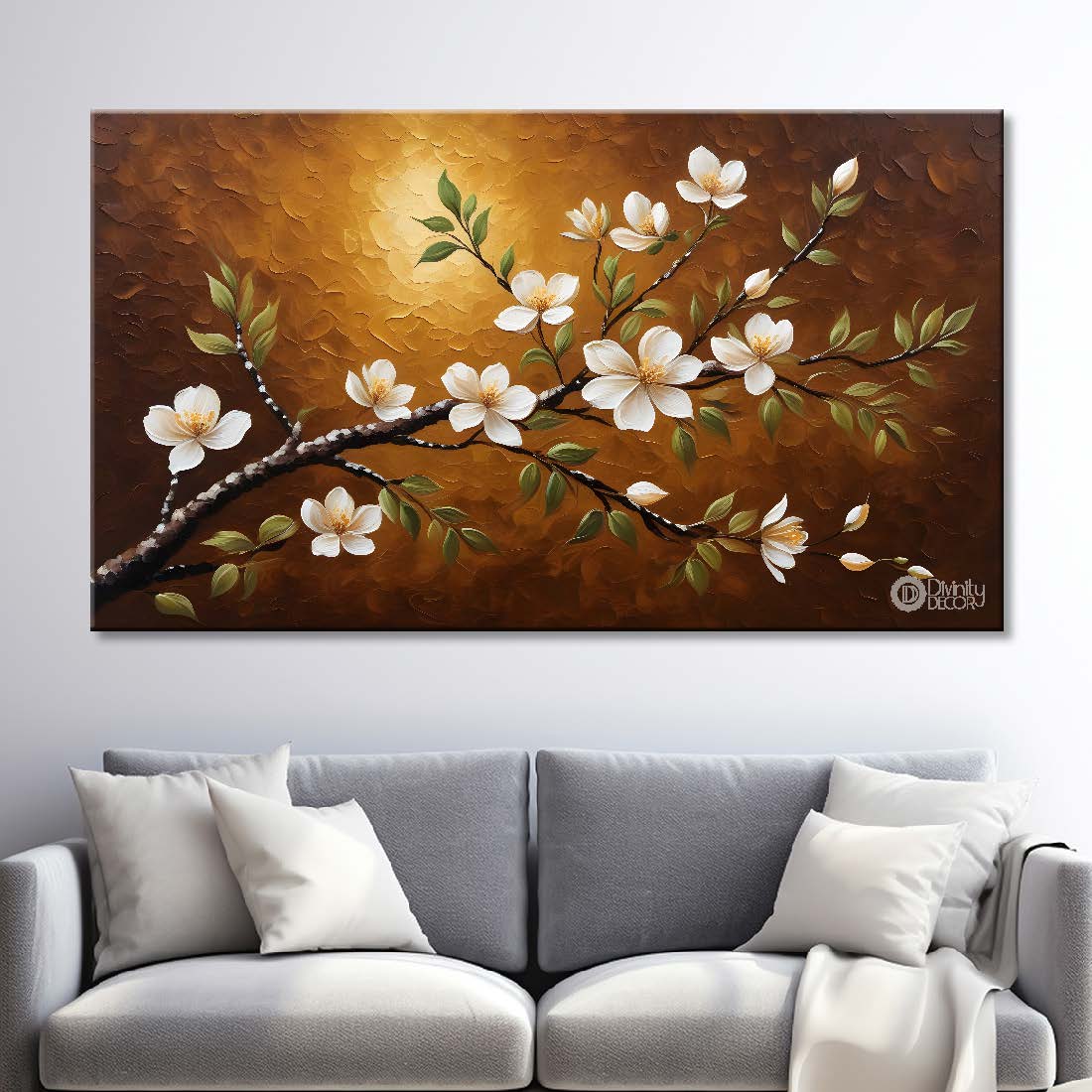 White flowers in brown background canvas painting- Flower-299