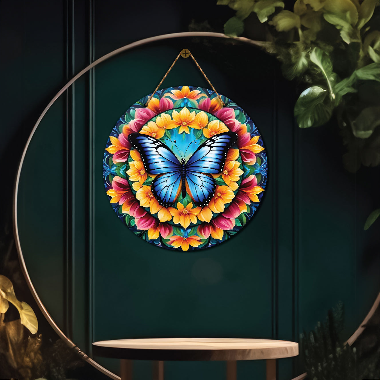 Butterfly in yellow and pink mandala Round Wooden Wall Hanging for wall Décor - Design - 299