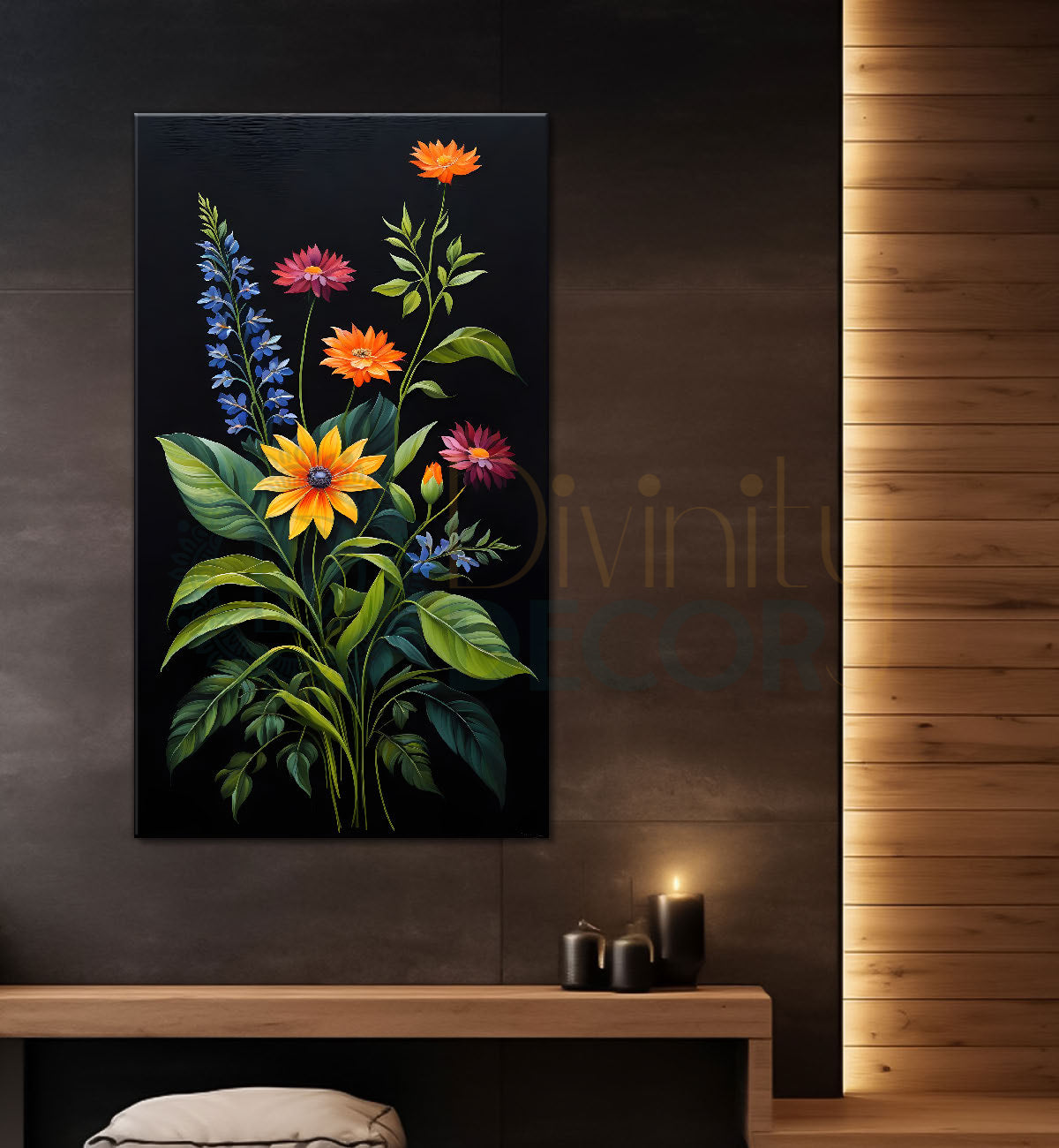 Colourful flowers in dark textured painting- Flower-V-299