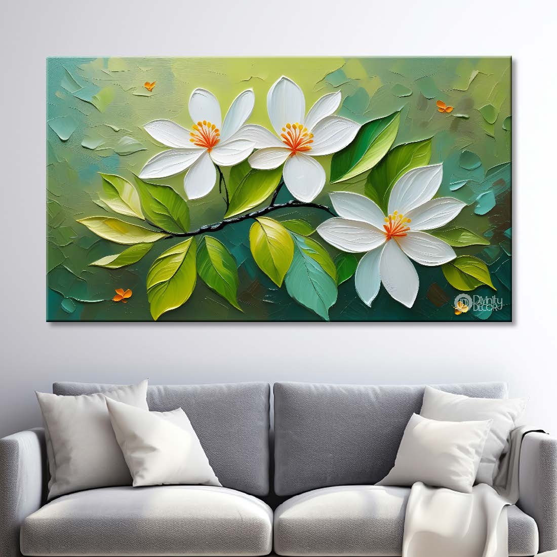 White flowers in green background canvas painting- Flower-300