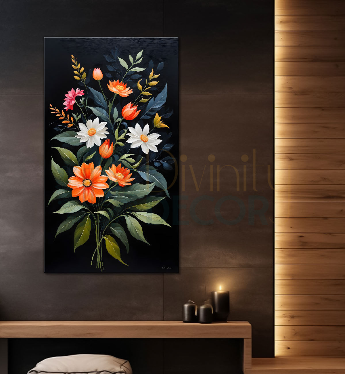 Colourful flowers in dark textured painting- Flower-V-300