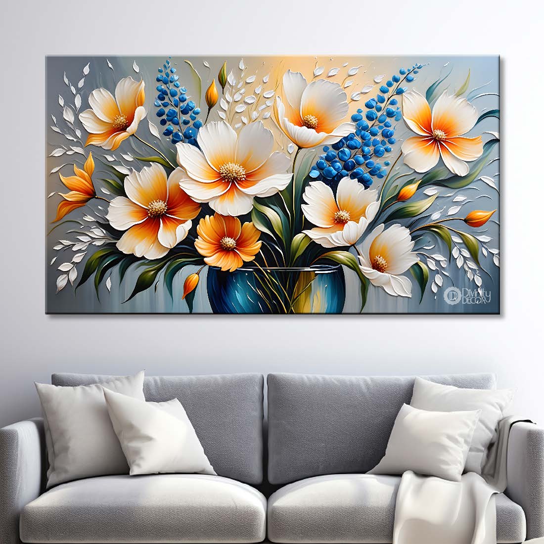 White flowers in blue background canvas painting- Flower-301