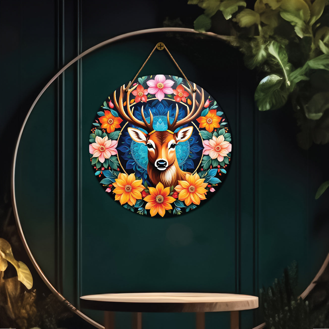 Deer in blue and floral mandala Round Wooden Wall Hanging for wall Décor - Design - 301