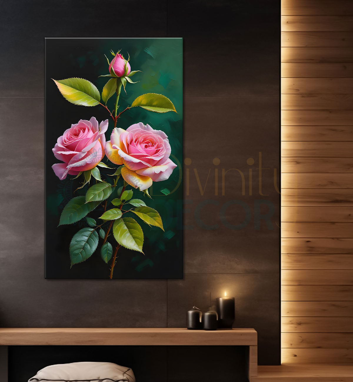 Pink flowers in green textured painting- Flower-V-301