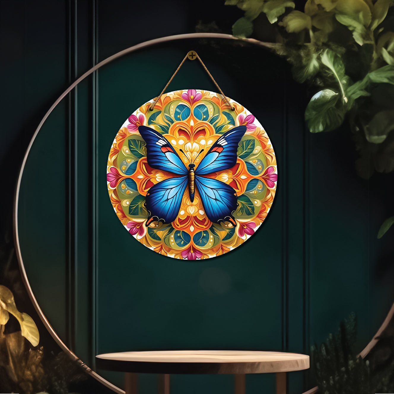 Butterfly in green and orange mandala Round Wooden Wall Hanging for wall Décor - Design - 302