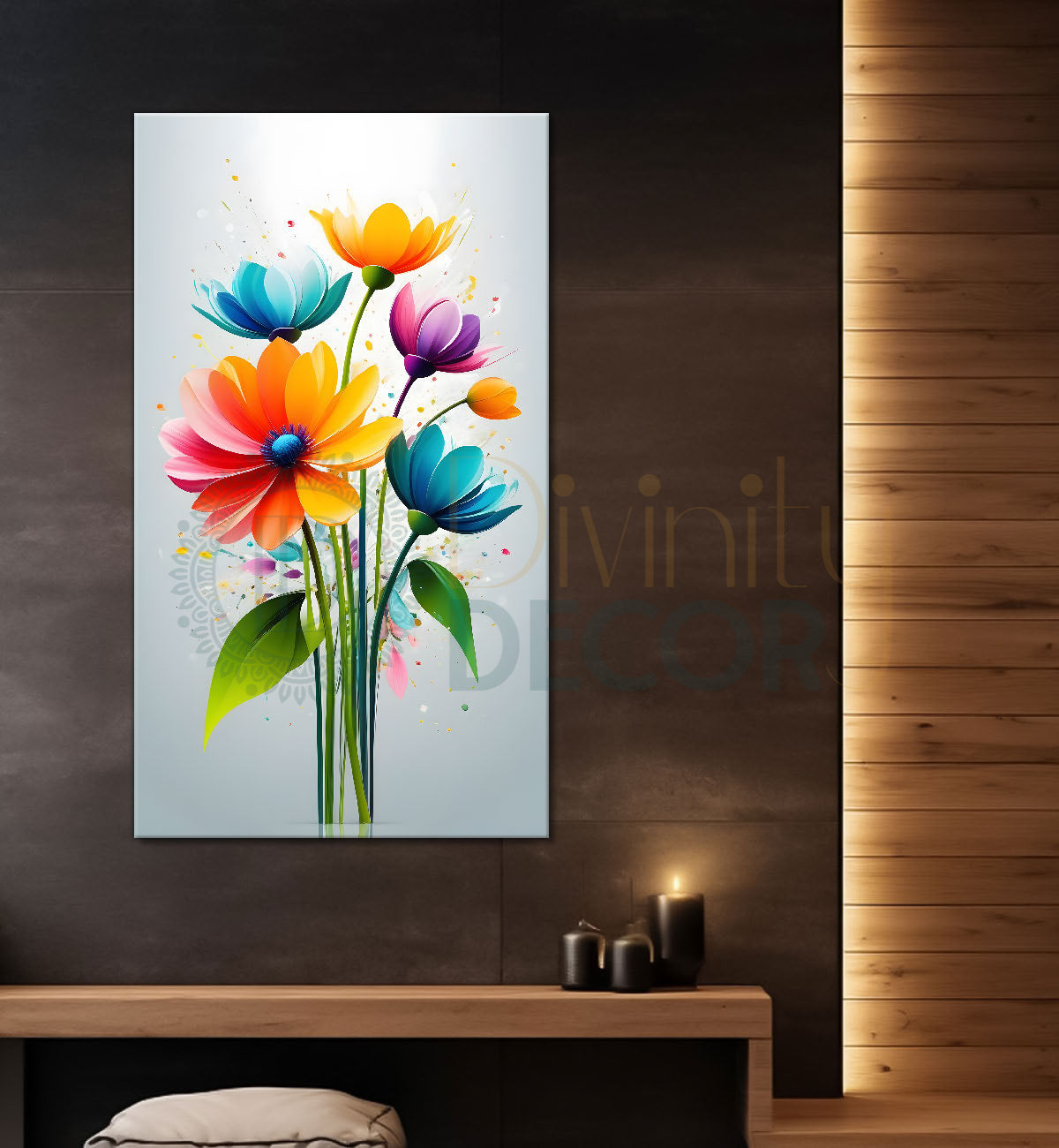 Colourful flowers in grey textured background painting- Flower-V-302