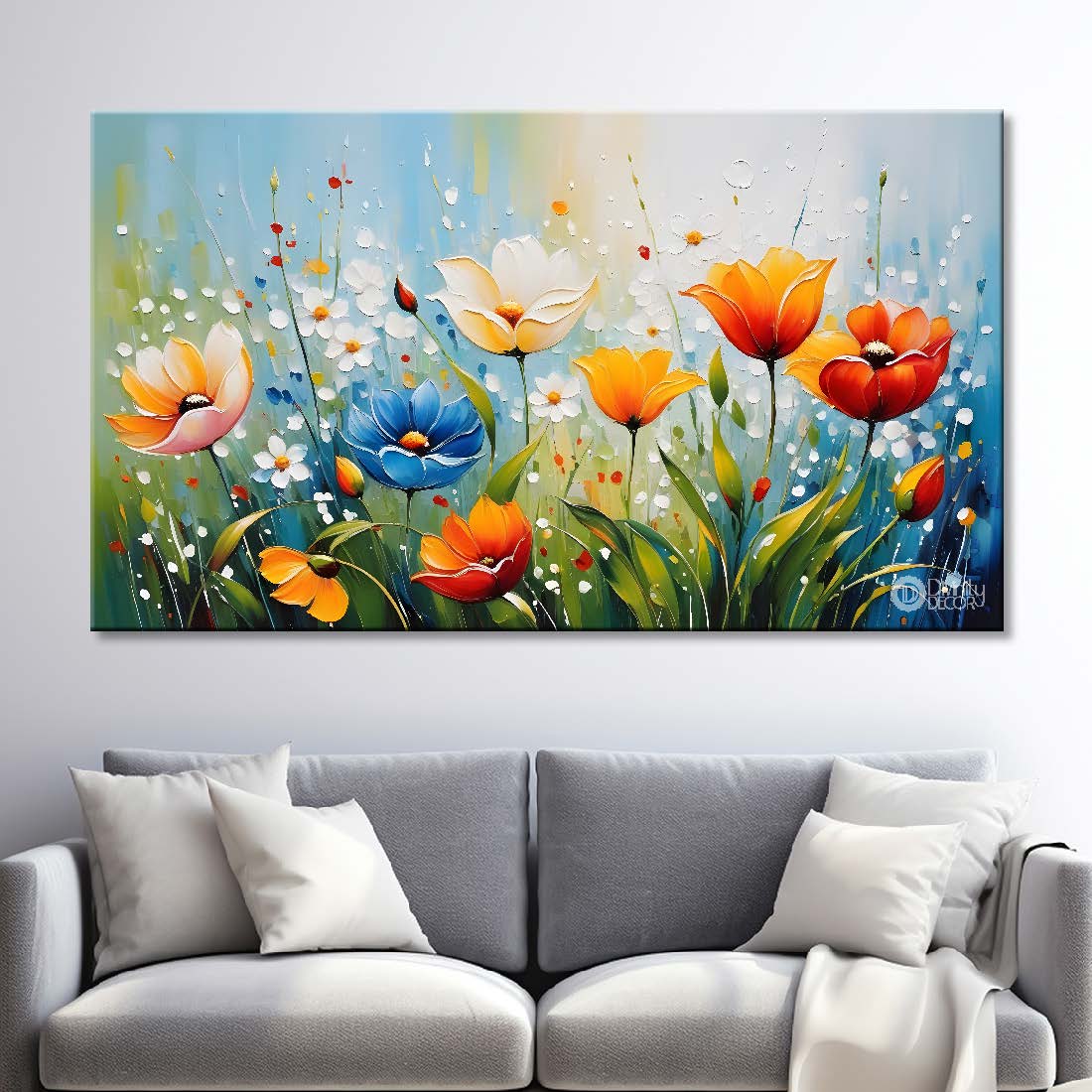 White and orange flowers in blue background canvas painting- Flower-303
