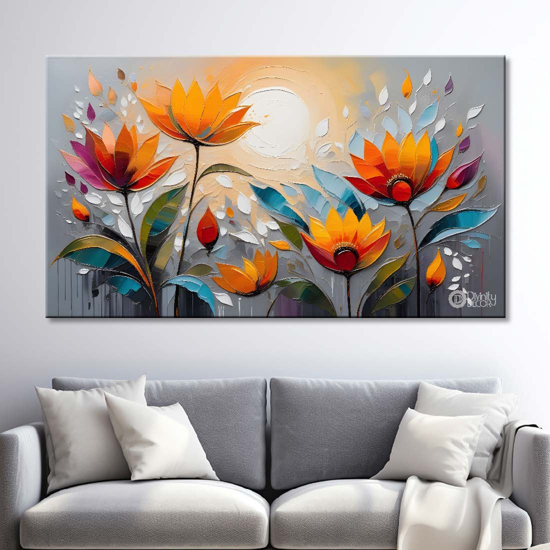 Orange flowers in light background canvas painting- Flower-304