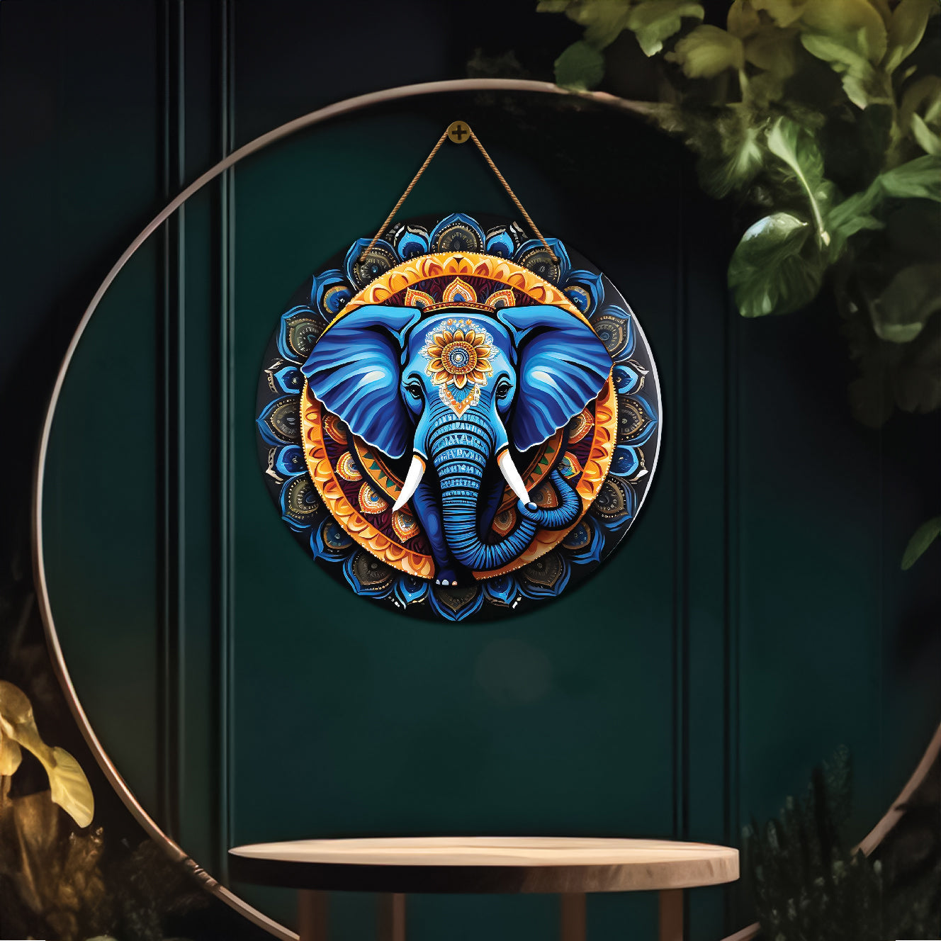 Elephant in golden and blue mandala Round Wooden Wall Hanging for wall Décor - Design - 304