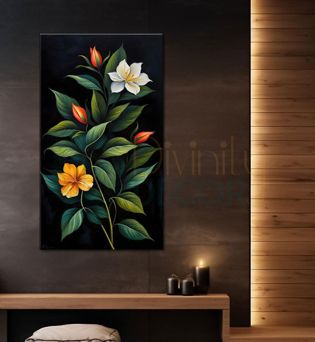 Colourful flowers in dark textured painting- Flower-V-304