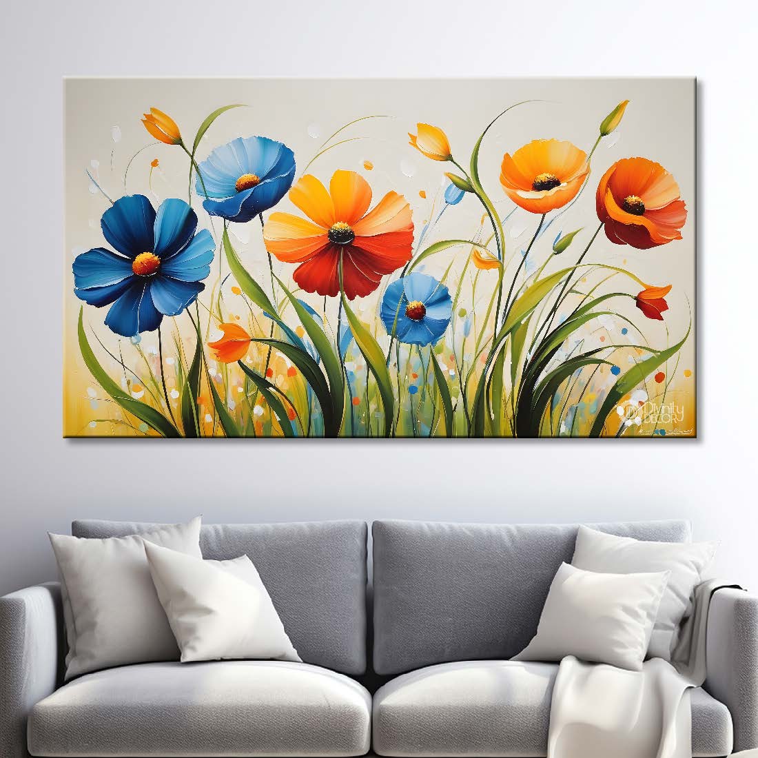 Orange and blue flowers in light background canvas painting- Flower-305