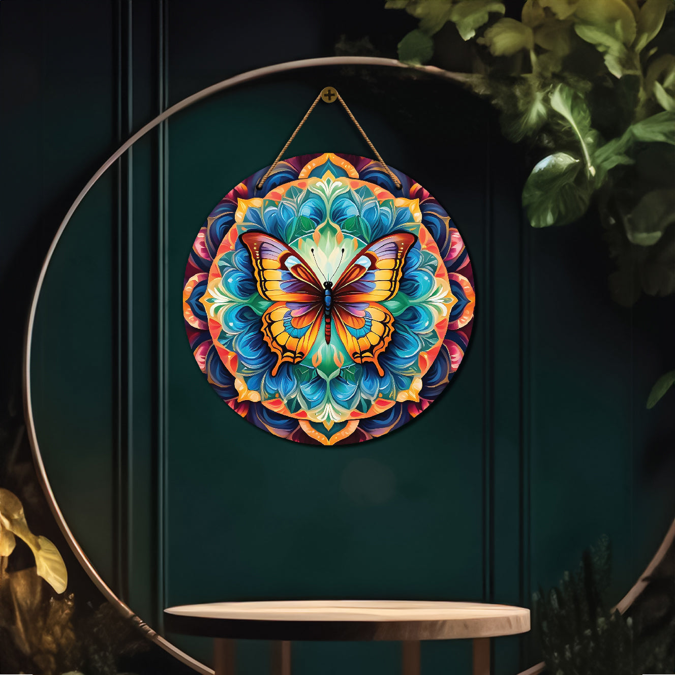 Butterfly in blue and pink mandala Round Wooden Wall Hanging for wall Décor - Design - 305