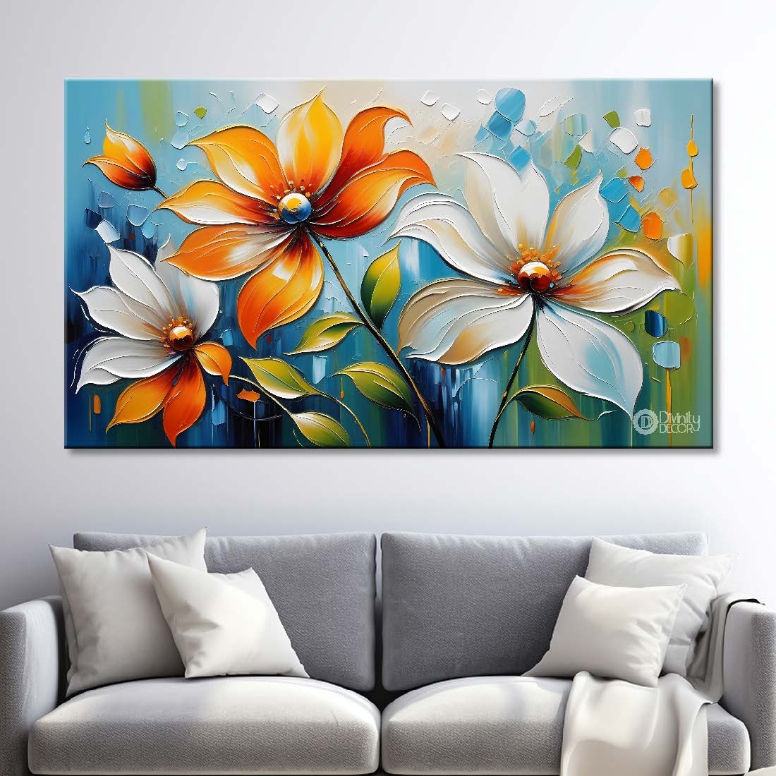 Orange and blue flowers in light background canvas painting- Flower-306