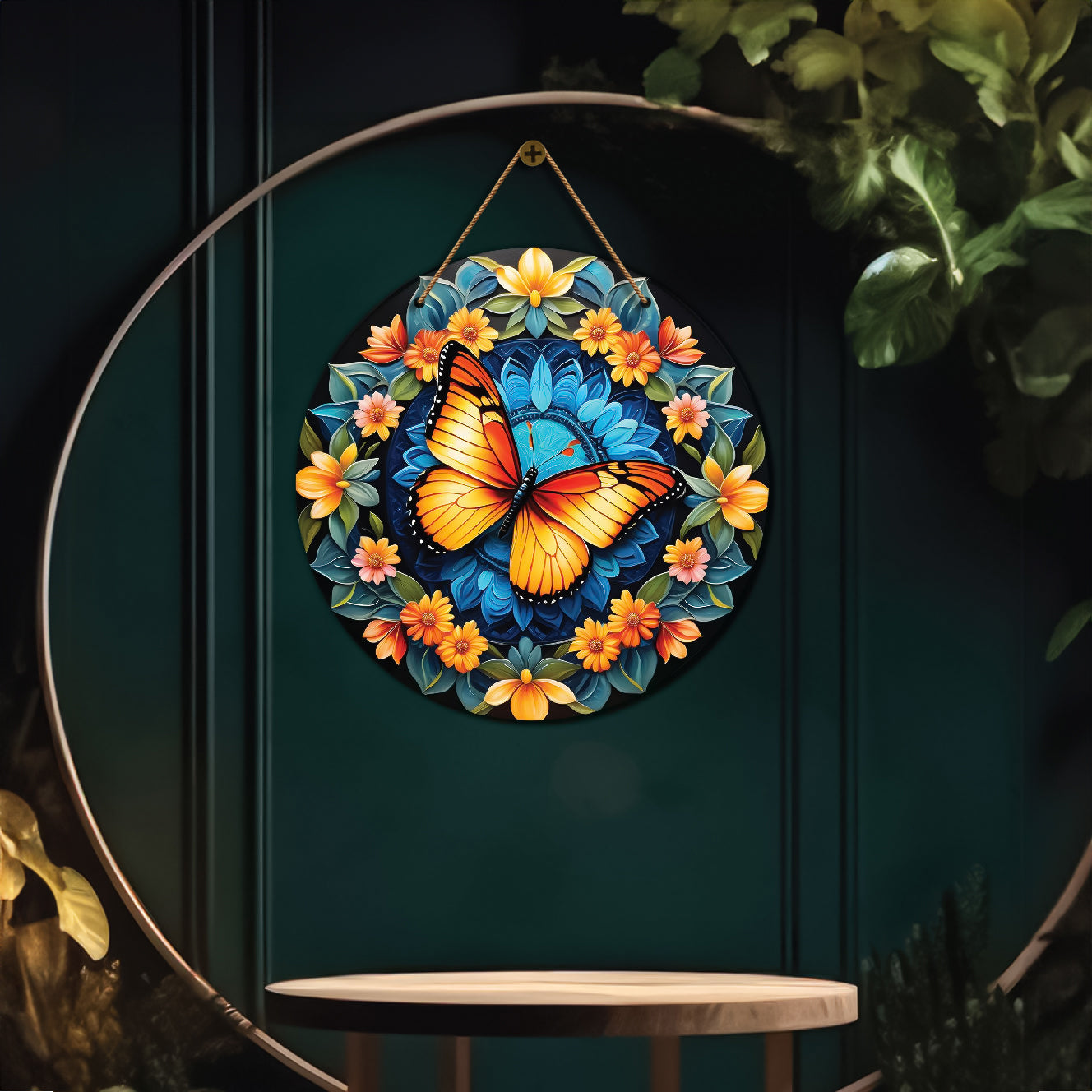 Butterfly in blue and floral mandala Round Wooden Wall Hanging for wall Décor - Design - 306