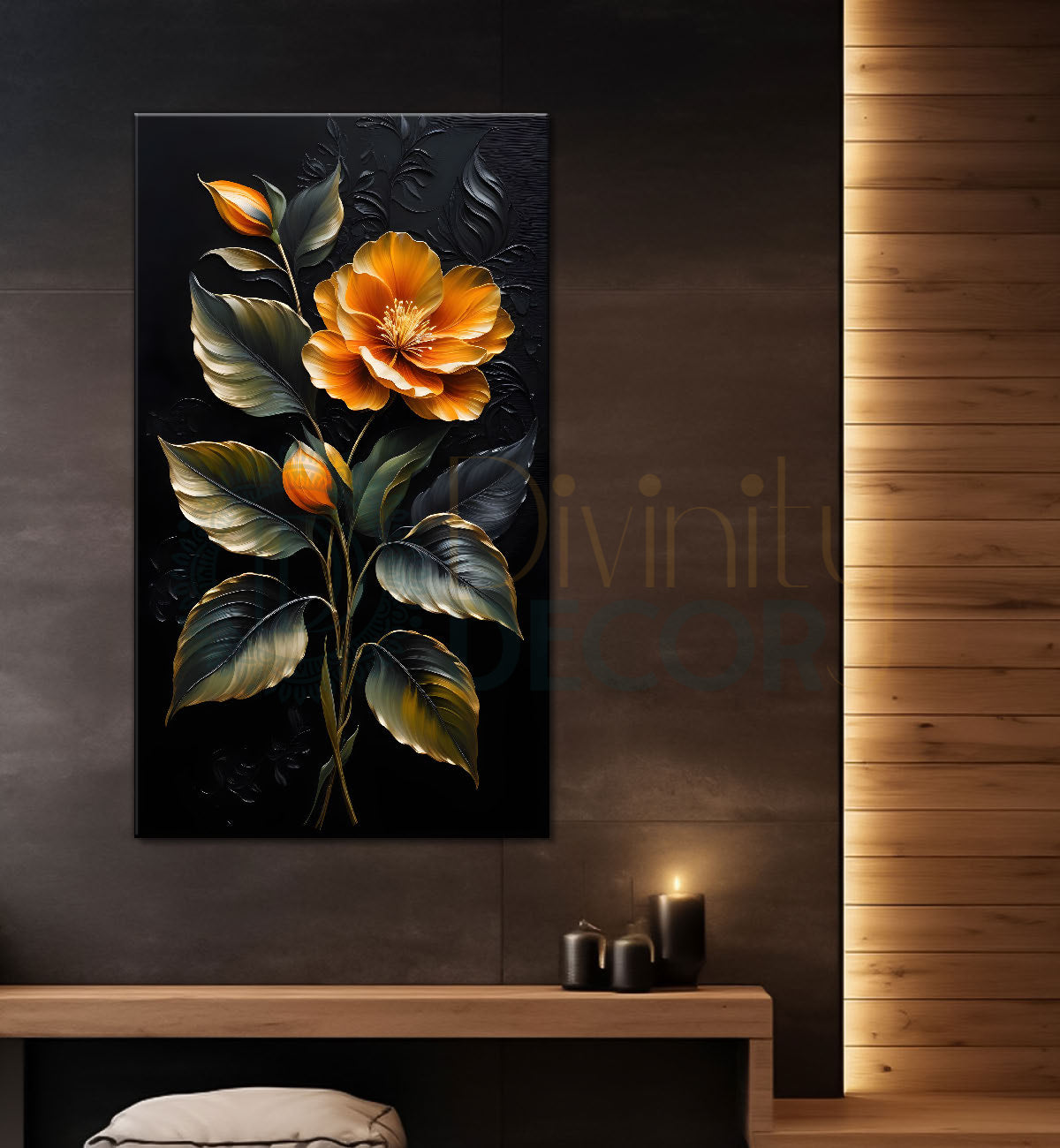 Orange flowers in dark textured painting- Flower-V-306