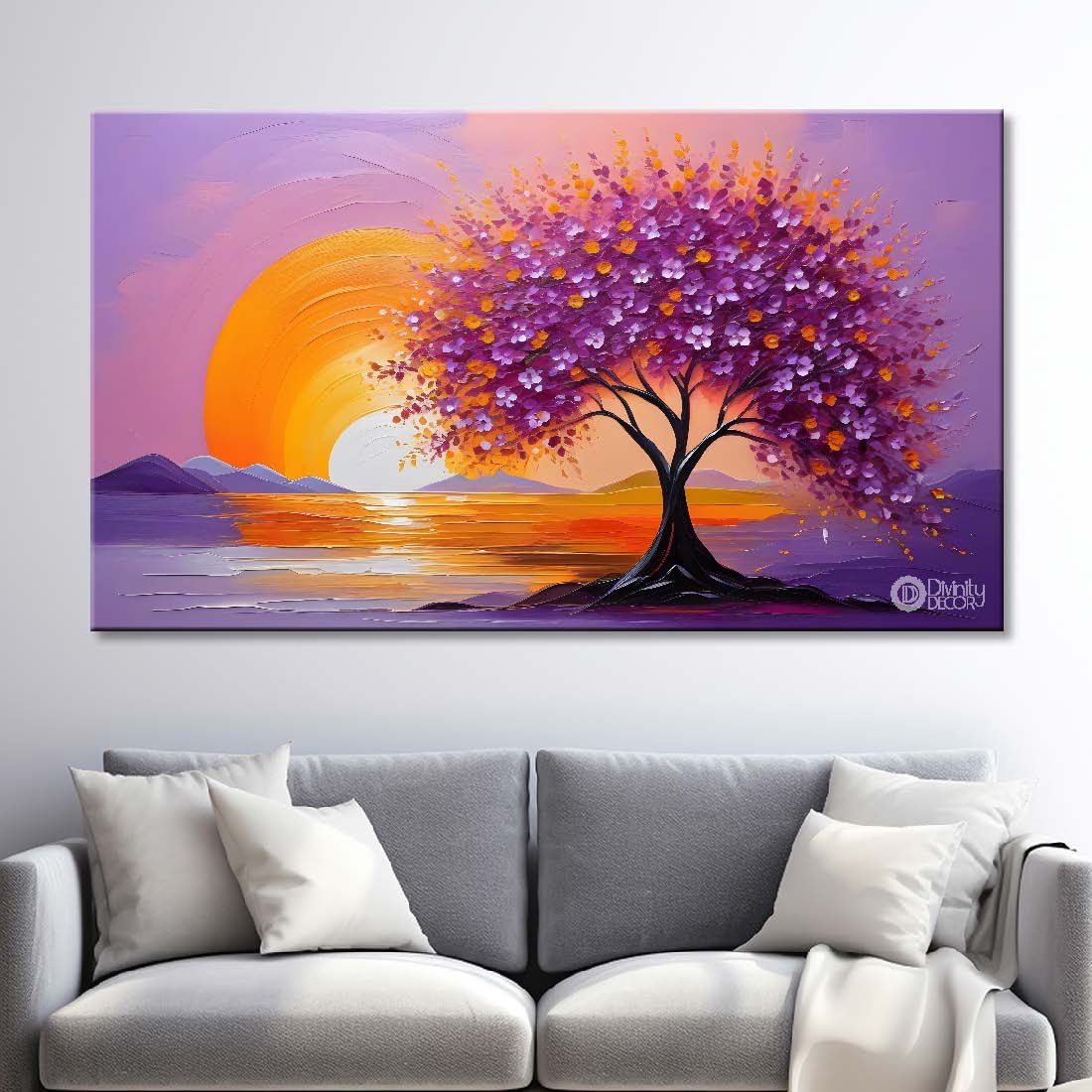 Spring tree with the sea and sunset in pink textured background canvas painting- Flower-307