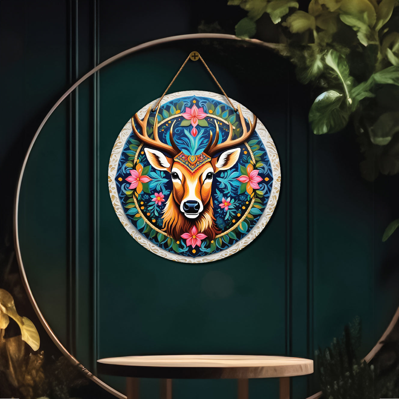Deer in blue and floral mandala Round Wooden Wall Hanging for wall Décor - Design - 307