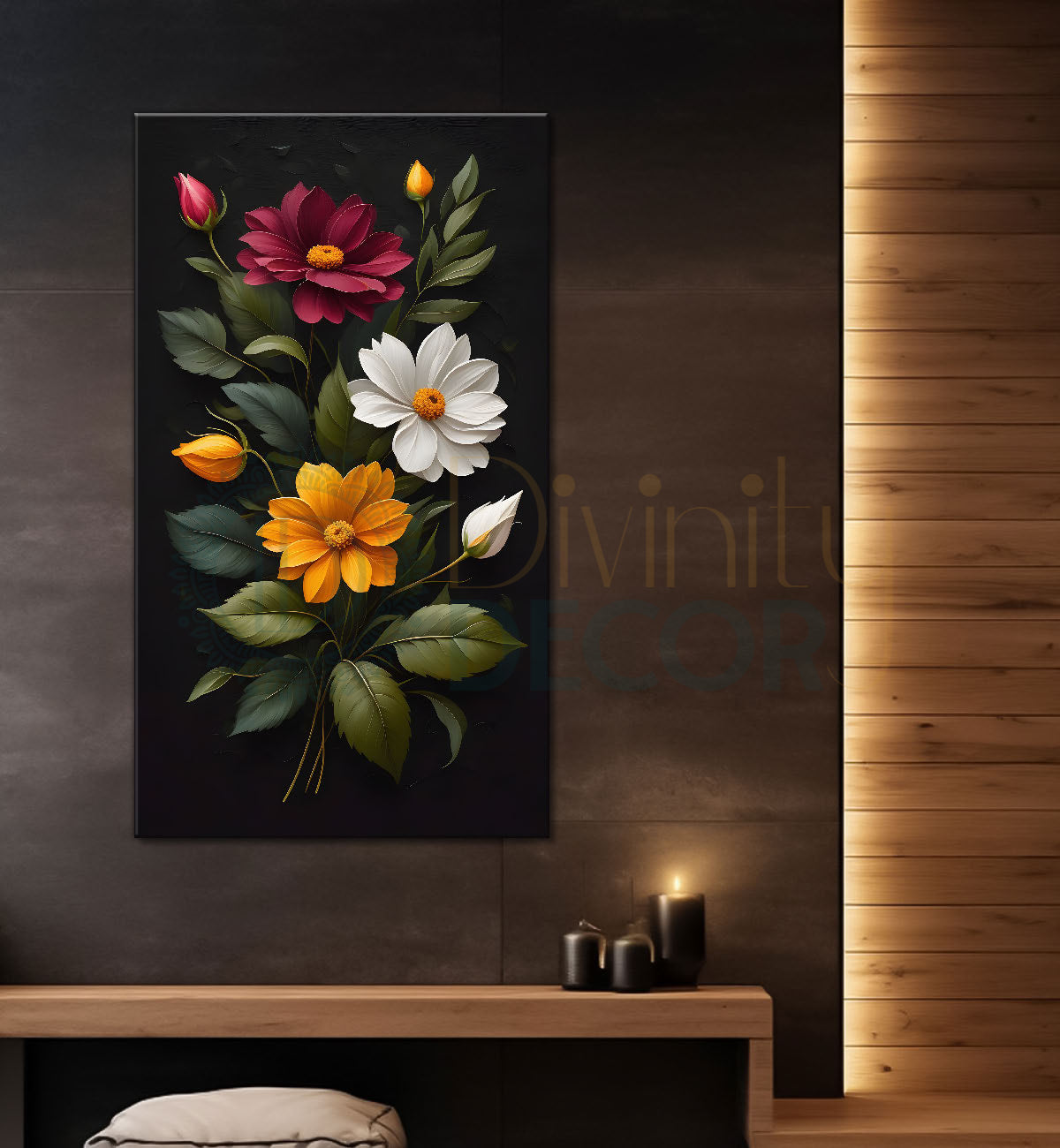 Colourful flowers in dark textured painting- Flower-V-307