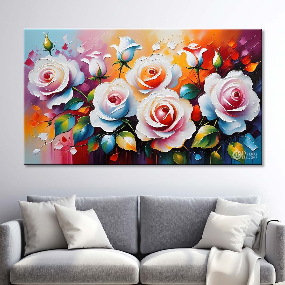 White roses in colorful background canvas painting- Flower-308