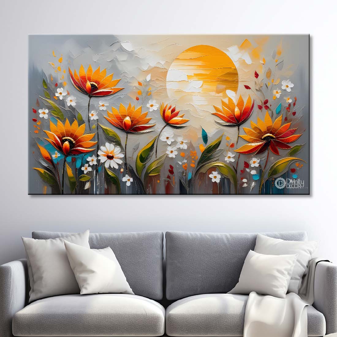 Orange flowers in grey background canvas painting- Flower-309