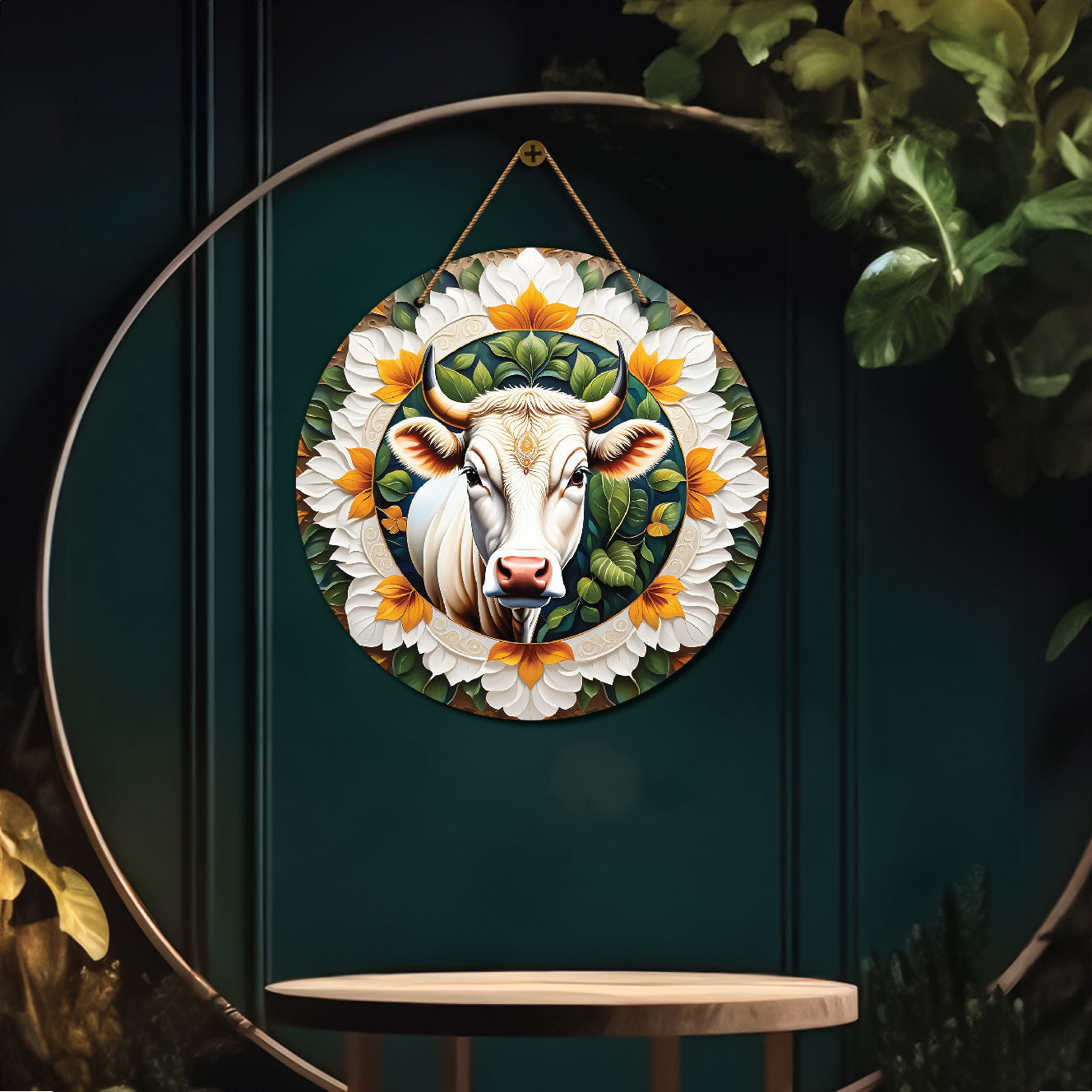 Cow in green and white mandala Round Wooden Wall Hanging for wall Décor - Design - 309