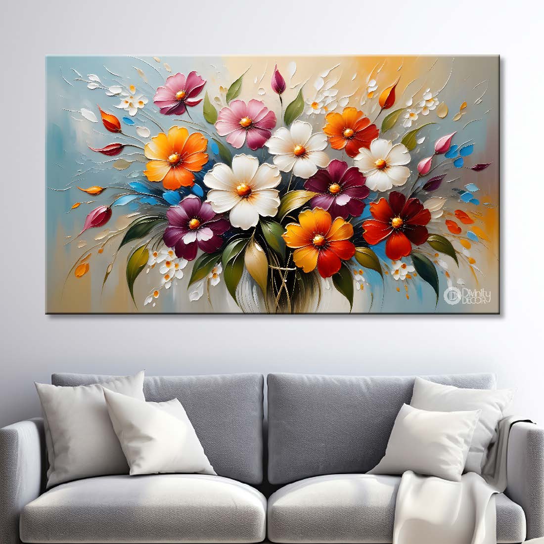 Colorful flowers in blue background canvas painting- Flower-310