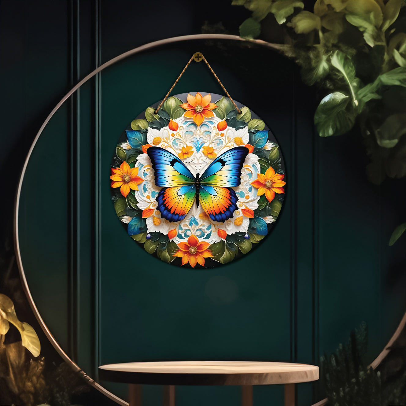 Butterfly in green and orange mandala Round Wooden Wall Hanging for wall Décor - Design - 310