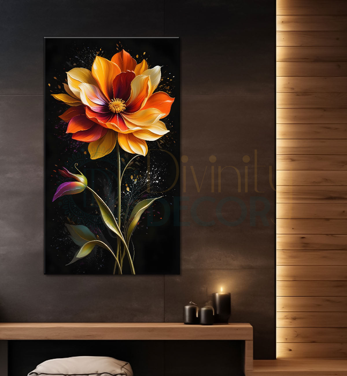 Orange flower in dark textured background painting- Flower-V-310