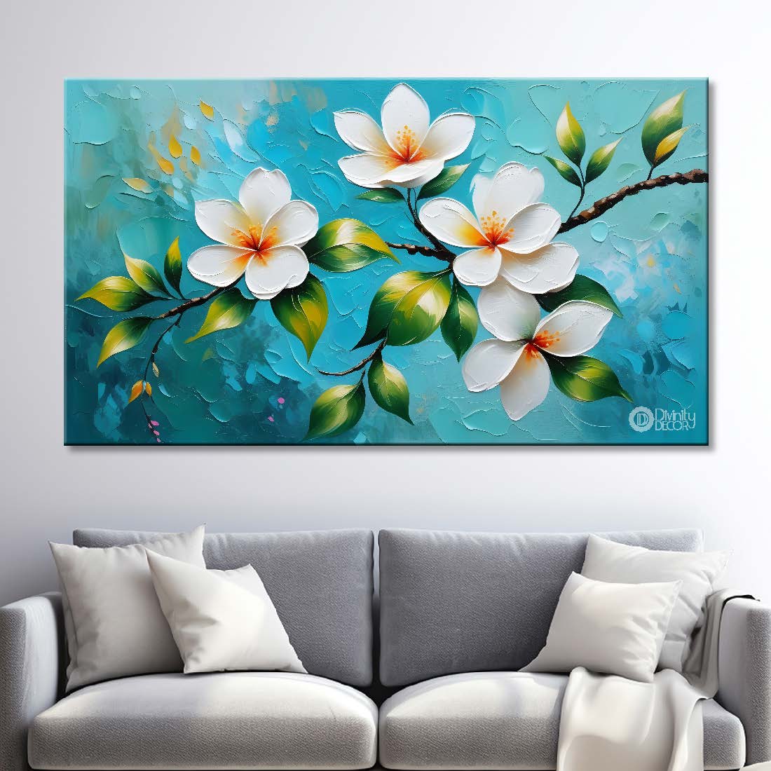 White flowers in blue background canvas painting- Flower-311